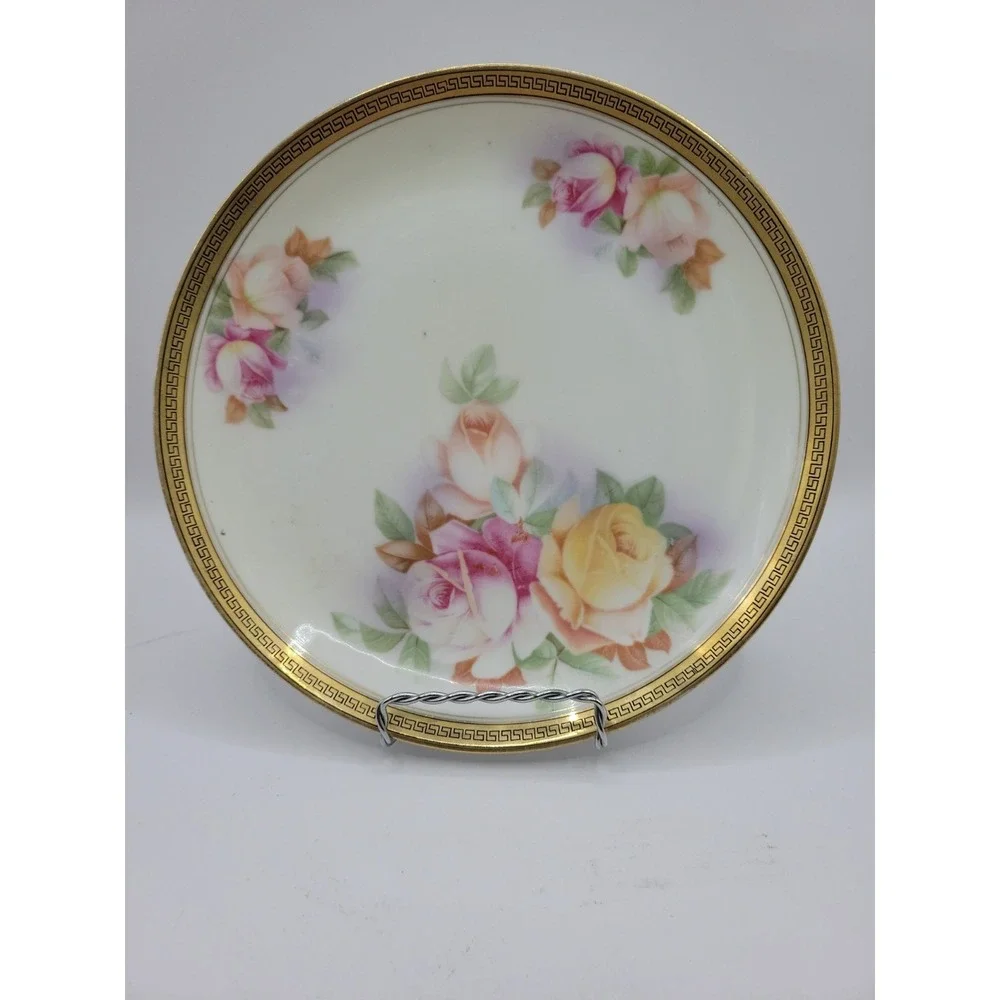 Antique‎ Seltmann Vohenstrauß Bavaria Rose Plate - Greek Key Border